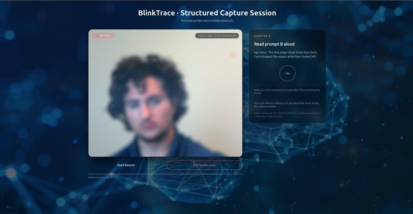 BlinkTrace structured capture session portal with live camera preview, scripted prompt block, countdown timer, and session progress