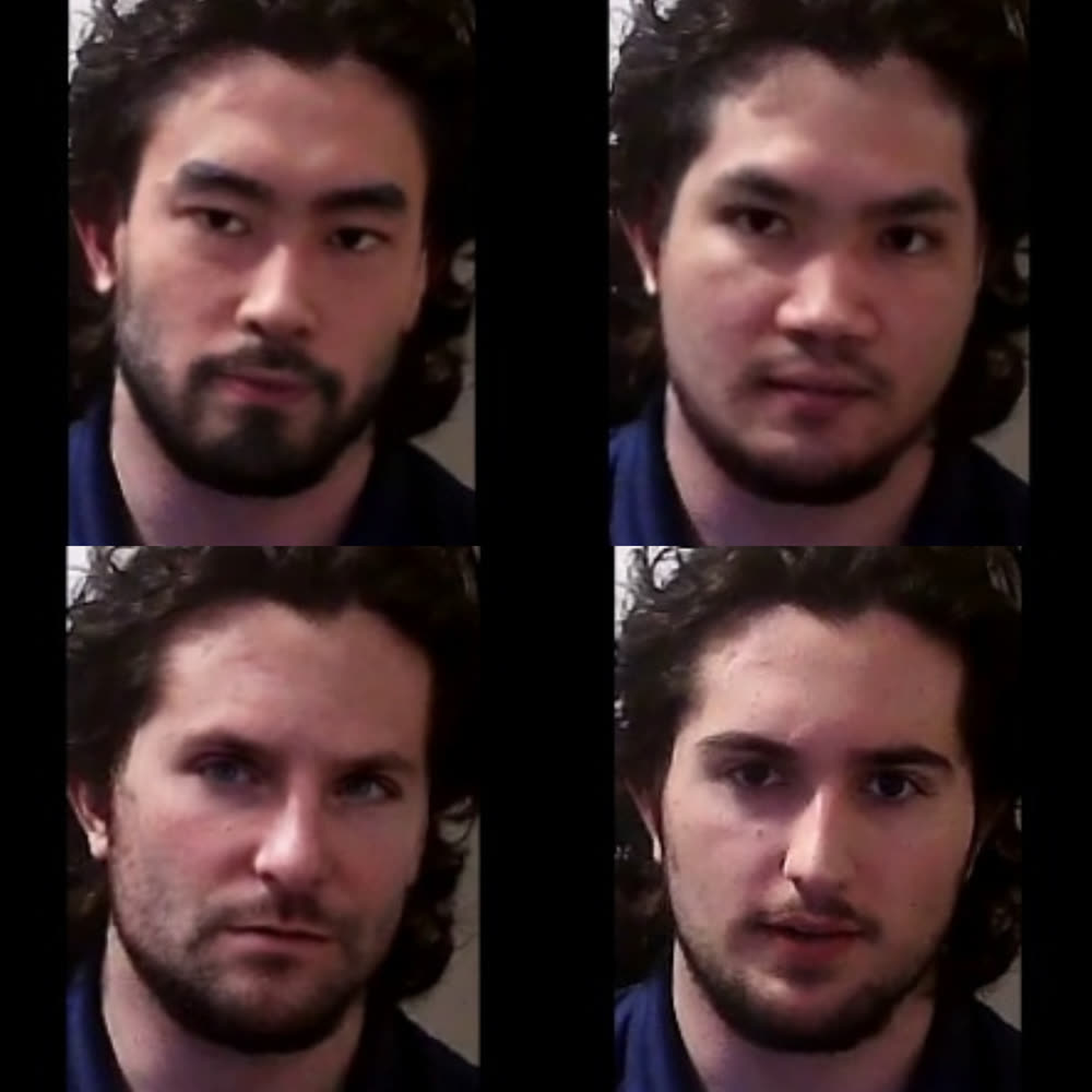 Four matched face crops from one capture session — a mix of real and generated frames